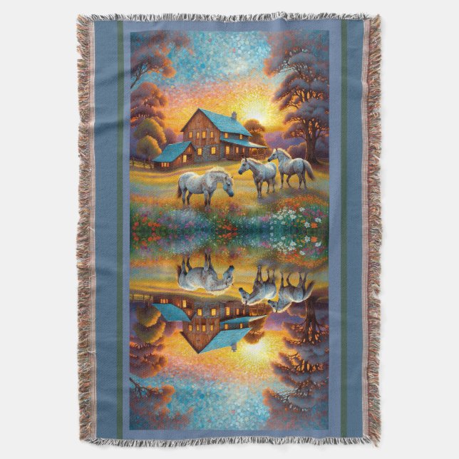Horse on Farm Wildflower Meadow Throw Blanket (Front Vertical)
