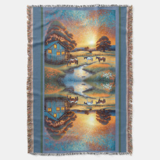 Horse on Farm Wildflower Meadow Throw Blanket