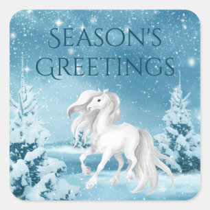 Horse on Snowy Night Season's Greetings Christmas Square Sticker