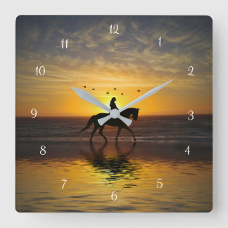 Horse on the Beach with Rider at Sunset Beautiful Square Wall Clock