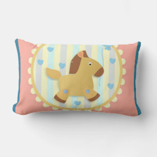 Horse on Warm Stripe Background with Blue Hearts Lumbar Pillow
