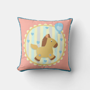 Horse on Warm Stripe Background with Blue Hearts   Throw Pillow