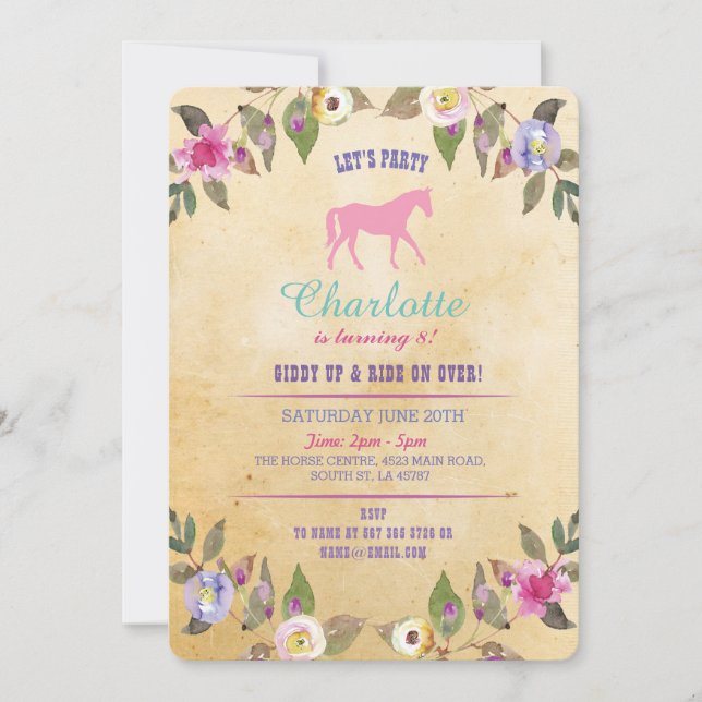 Horse Party Floral Invitation Pony Pink Invitation (Devant)
