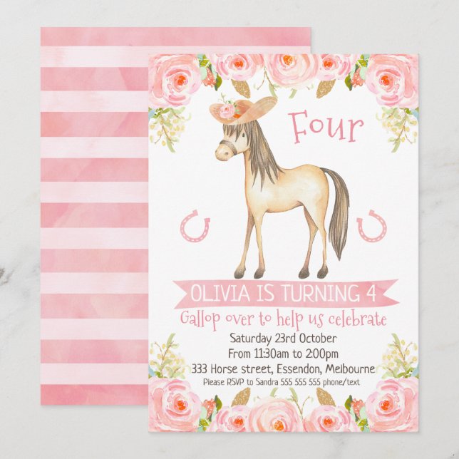 Horse party invitations for girl (Front/Back)