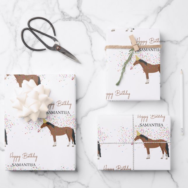 Horse Partying Farm Animals Custom Name Birthday  Wrapping Paper Sheet (Front)