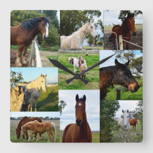 Horse Photo Collage, Square Wall Clock