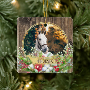Horse photo wood frame gold Christmas Ceramic Ornament