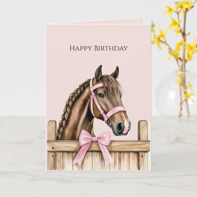 Horse Pink Bow Fence Birthday Card (Yellow Flower)