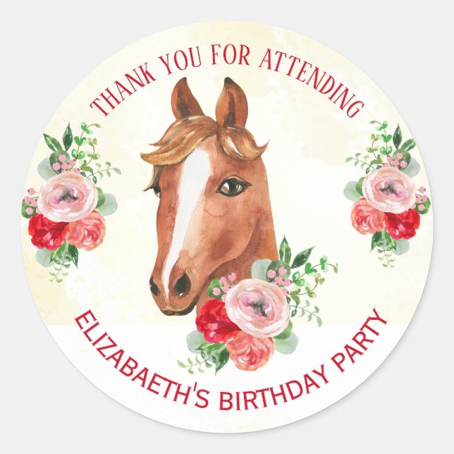 Horse Pink Floral Birthday  Classic Round Sticker (Front)