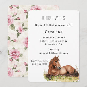 Horse Pink Roses 16th Birthday (or any year) Invitation