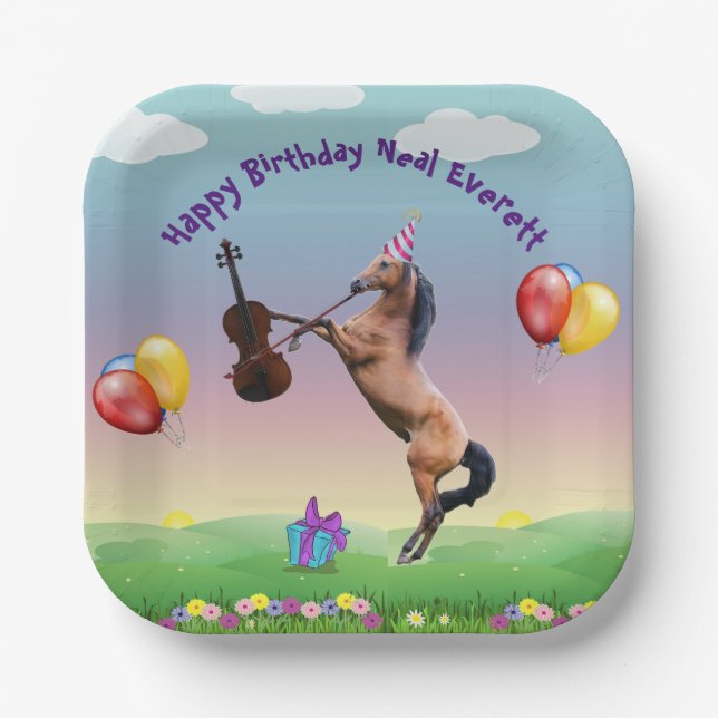 Horse Playing The Violin Birthday  Paper Plate (Front)