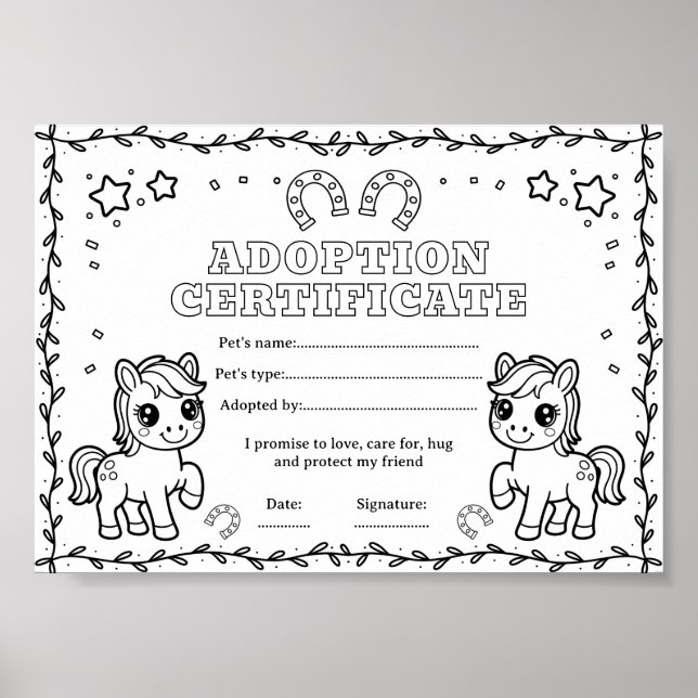 Horse pony adopt a pet colouring certificate poster (Front)
