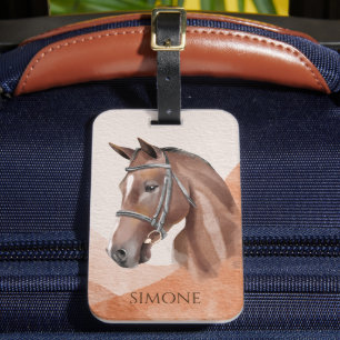 Horse portrait brown personalized name equestrian luggage tag
