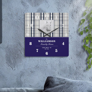 Horse Portrait Navy Blue Plaid Personalized Name Square Wall Clock
