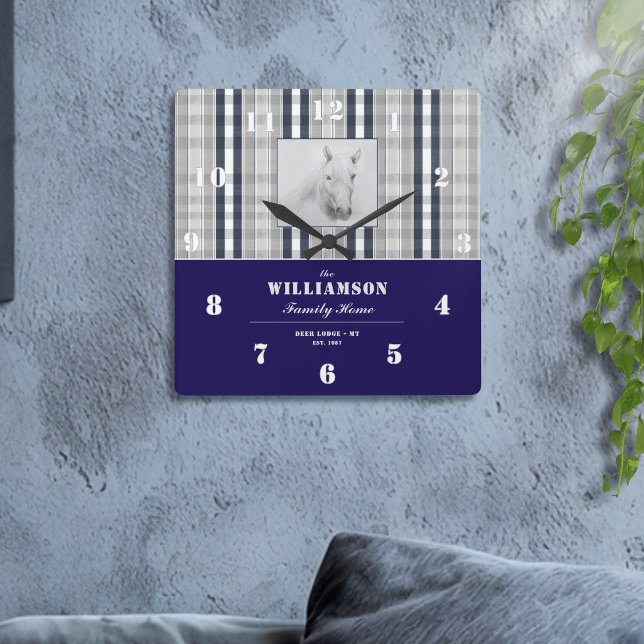 Horse Portrait Navy Blue Plaid Personalized Name Square Wall Clock (Creator Uploaded)