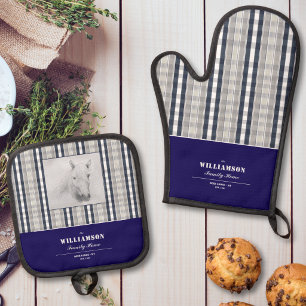 Horse Portrait Navy Plaid Custom Family Name Oven Mitt & Pot Holder Set
