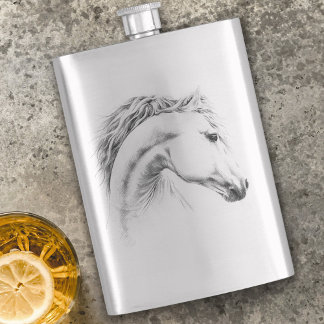 Horse portrait pencil drawing Equestrian art Hip Flask