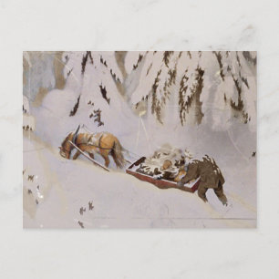 Horse Pulling Sled Through the Woods Postcard