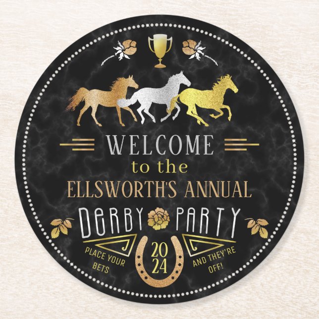 Horse Racing Derby Day Party Art Deco Black Gold Round Paper Coaster (Front)