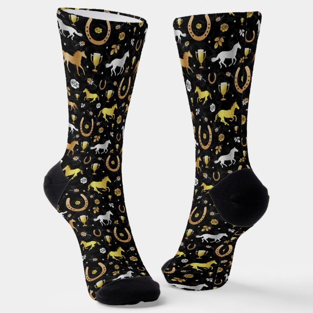 Horse Racing Derby Day Party Black Gold Pattern Socks (Angled)