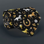 Horse Racing Derby Day Party Black Gold Pattern Tie<br><div class="desc">Celebrate your favourite horse racing derby with this gorgeous pattern. The repeating design is made in shades of gold, silver, and bronze on black with a slight marble effect. The ornate pattern includes horses, trophies, horseshoes, and roses. Contact FancyCelebration for changes. See the matching party supplies and more here: https://www.zazzle.com/collections/horse_racing_derby_day_party_collection-119108502832802144...</div>
