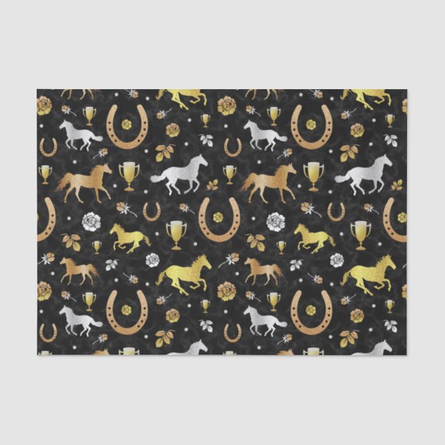 Horse Racing Derby Day Party Black Gold Pattern Tissue Paper (Front)
