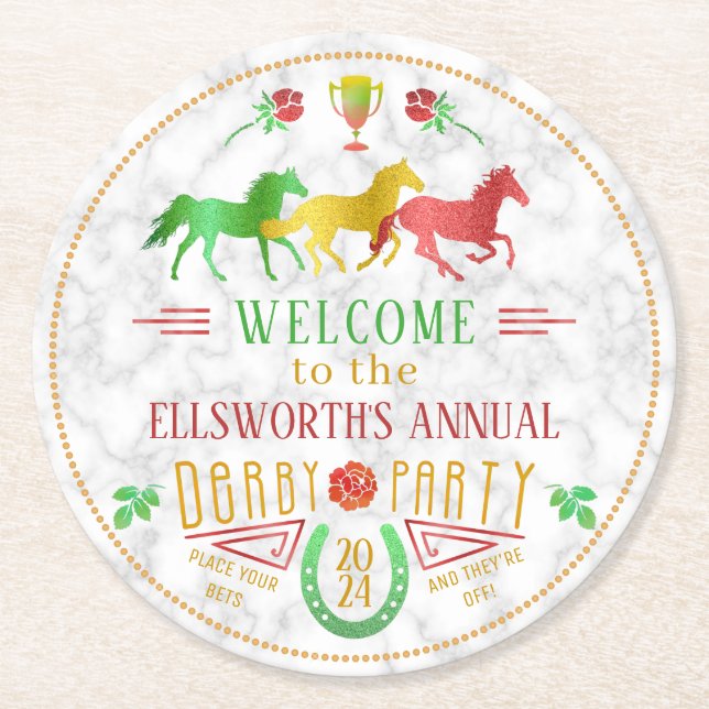 Horse Racing Derby Day Party Colourful Marble Round Paper Coaster (Front)