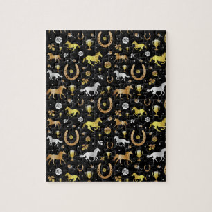 Horse Racing Horseshoes Derby Pattern Black Gold Jigsaw Puzzle