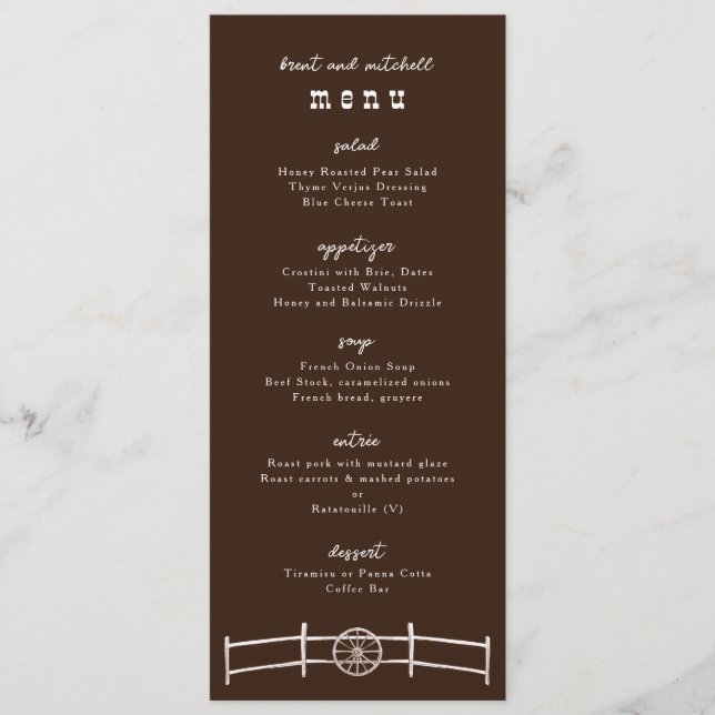 Horse Rail clôture Wagon Wheel Dîner Menu (Devant)