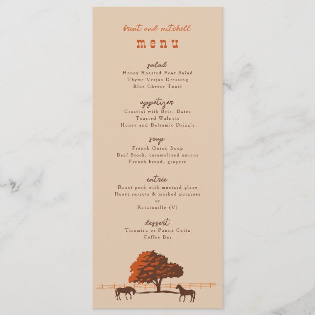 Horse Rail Fence Oak Horses Wedding Dinner Menu (Front)