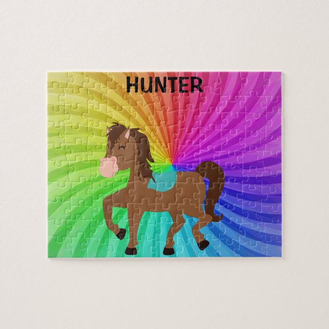 Horse & Rainbows puzzle personalized for kids. (Horizontal)