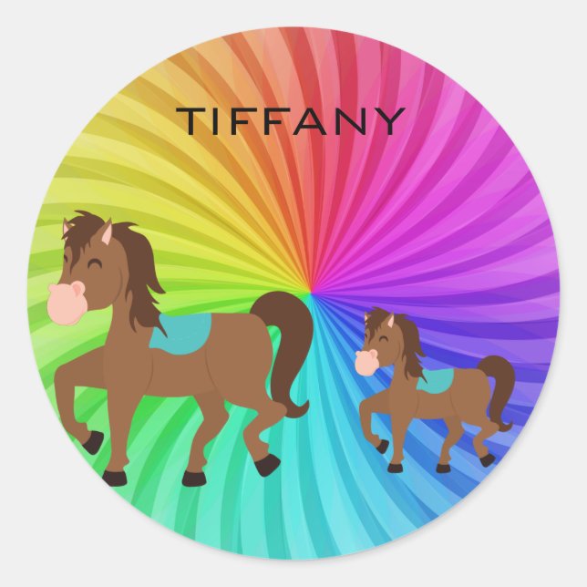 Horse & Rainbows stickers personalized for kids. (Front)