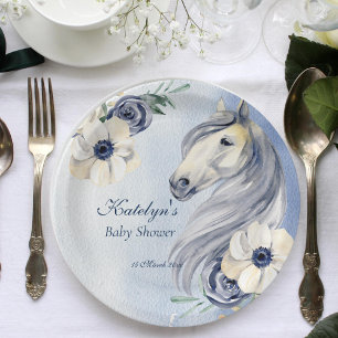 Horse ranch watercolor flowers baby shower custom  paper plate