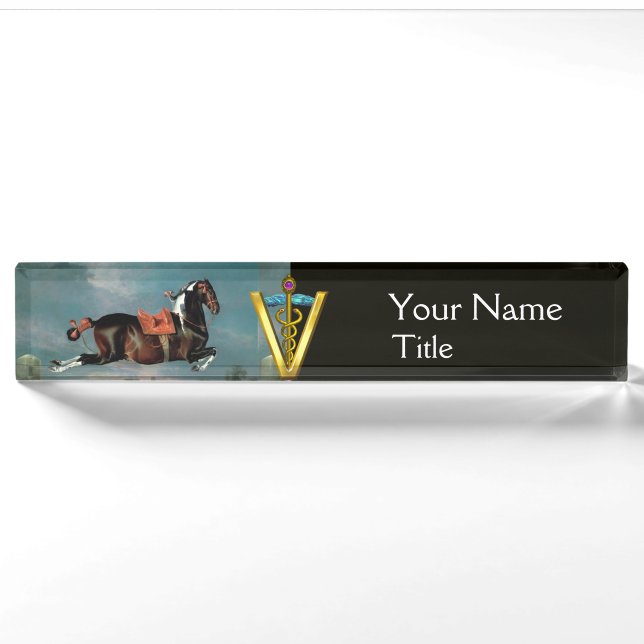 HORSE REARING "GOLD CADUCEUS VETERINARY SYMBOL NAMEPLATE (Front)