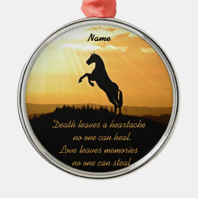 Horse Rearing Silhouette At Sunrise Metal Ornament (Front)