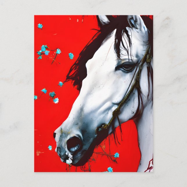 Horse REd Background Blue Flowers Postcard (Front)