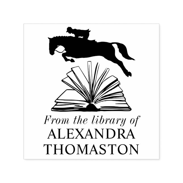 Horse Rider Jumping Over Open Book SQ Library Name Self-inking Stamp (Design)
