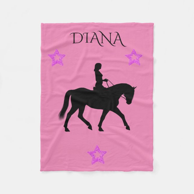 Horse & rider pink personalized fleece blanket. (Front)