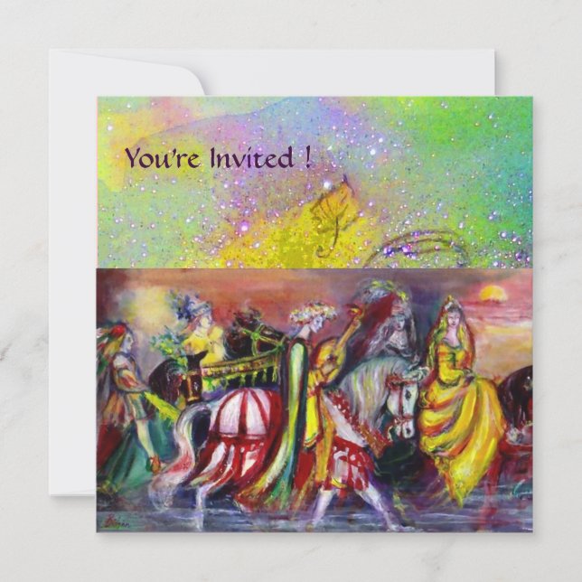 HORSE RIDERS IN NIGHT,yellow purple green sparkles Invitation (Front)
