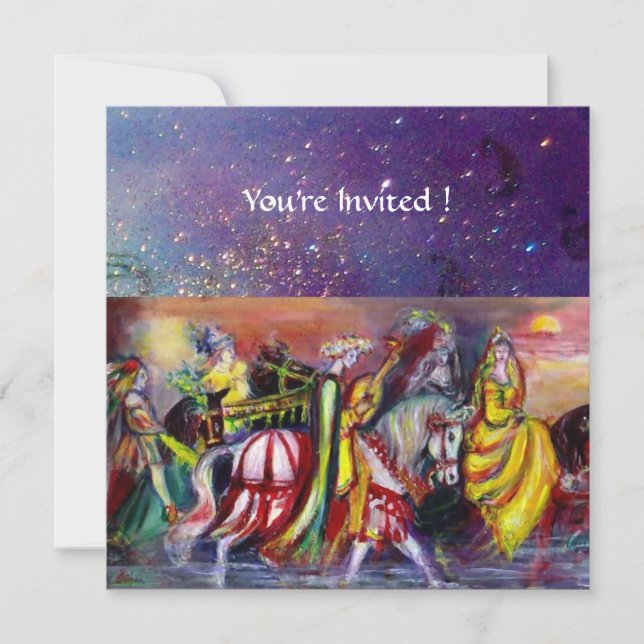 HORSE RIDERS ,MUSIC IN NIGHT, Gold Blue Gparkles Invitation (Front)