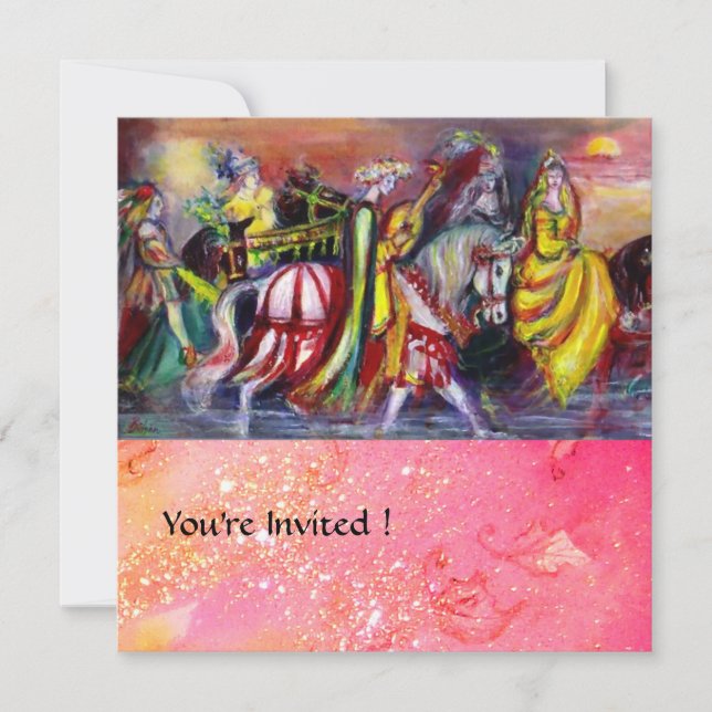HORSE RIDERS ,MUSIC IN NIGHT, Pink Gold sparkles Invitation (Front)