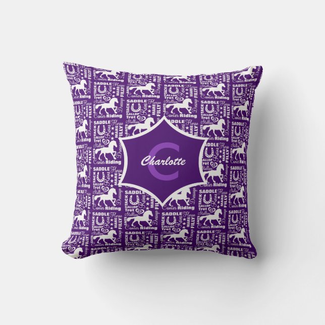 Horse Riding Equine Theme Cute Girly Purple White Throw Pillow (Front)