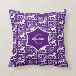 Horse Riding Equine Theme Cute Girly Purple White Throw Pillow