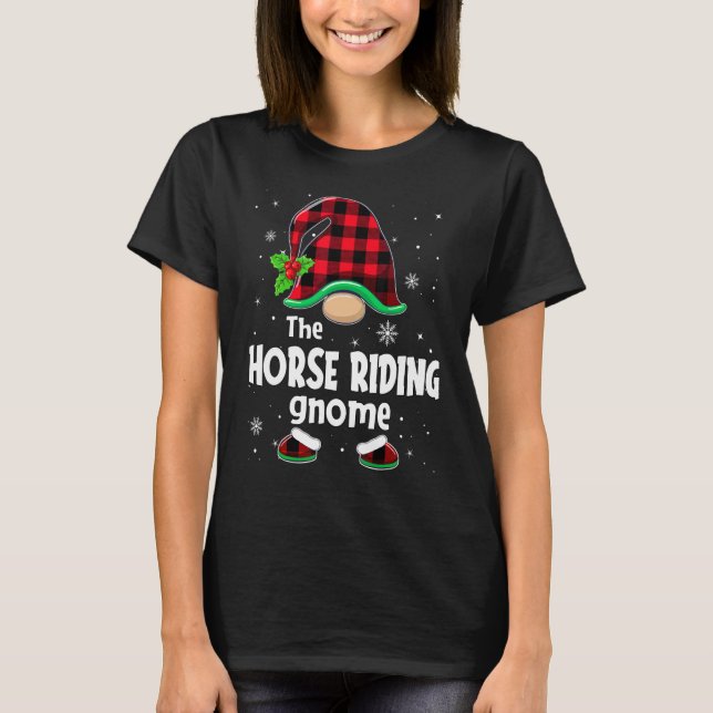 Horse Riding Gnome Buffalo Plaid Christmas Matchin T-Shirt (Front)