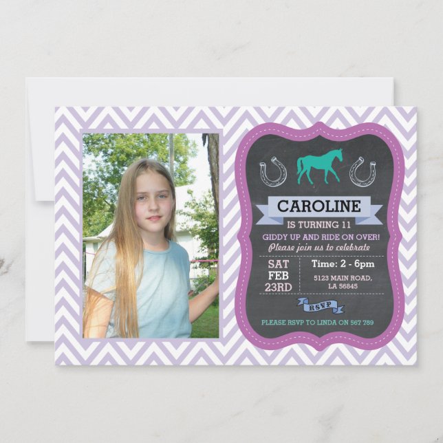 Horse Riding Photo Pony Purple Invitation Invite (Front)