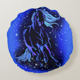 Horse Round Pillow Running In Blue Moonlight Night