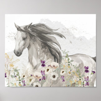 Horse running in Flower Field Poster