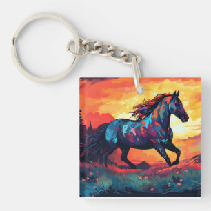 Horse Running On Field Abstract Art Horse Lovers Keychain