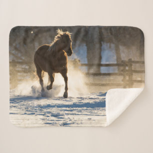 Horse Running Through the Snow Sherpa Blanket