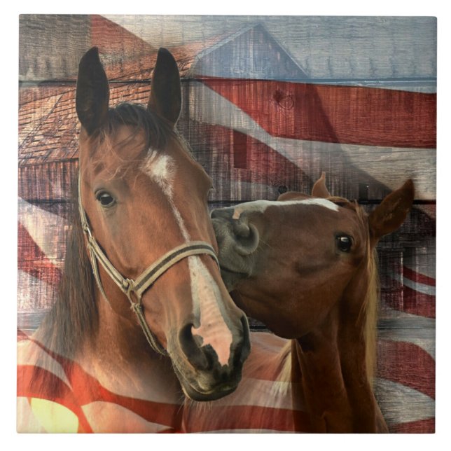 Horse Rustic Barn American Flag Tile (Front)